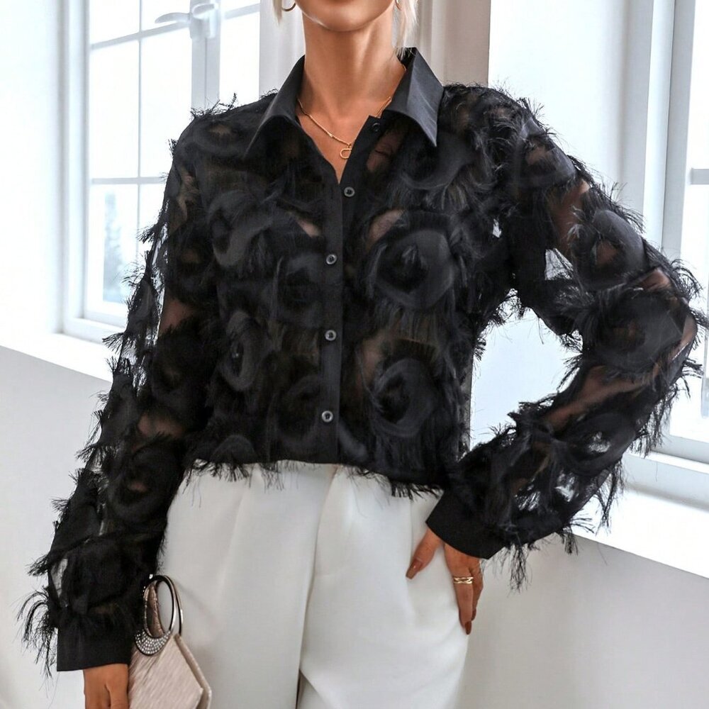 Black Party Women's Fuzzy Trim Button Front Shirt - Picture 3 of 7